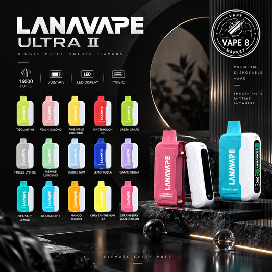 LANAVAPE ULTRA II disposable vape promotional graphic showing multiple flavor options in a grid and three larger device views in pink, white, and blue on a dark marble surface with a black background.