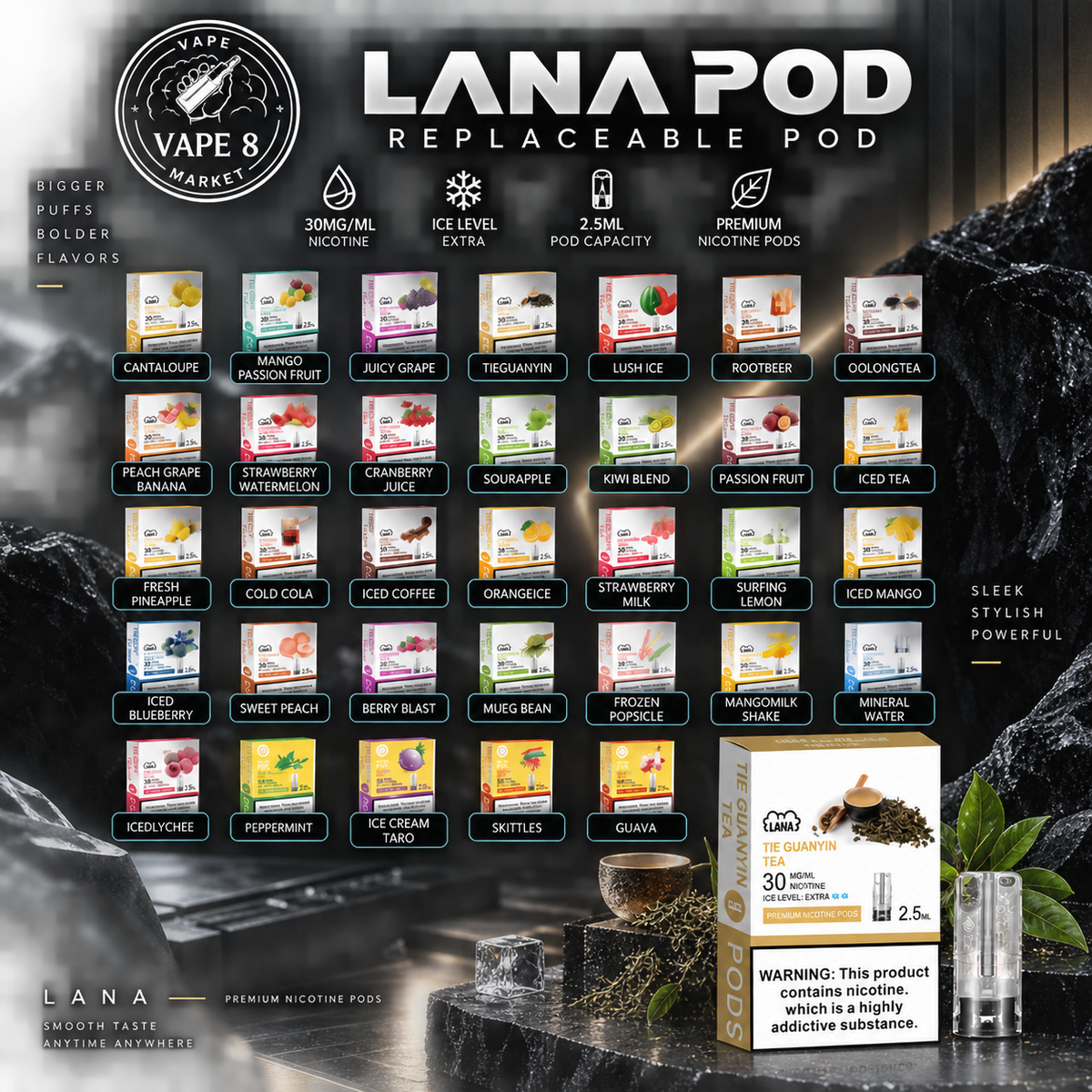 A promotional collage for Lana Pod replaceable vape pods by Vape 8 Market, showing many flavor options in a grid with product boxes, capsules, and text on a dark rocky background. The layout is graphic and commercial rather than a plain product photo.