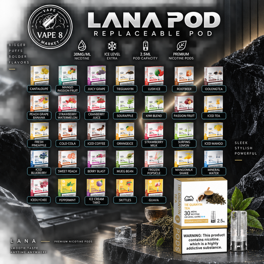 A promotional collage for Lana Pod replaceable vape pods by Vape 8 Market, showing many flavor options in a grid with product boxes, capsules, and text on a dark rocky background. The layout is graphic and commercial rather than a plain product photo.